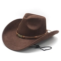 Classic brown suede cowboy hat with skull accent and adjustable wind rope for outdoor use - Brown