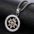 Stainless steel bead chain necklace with gold helm and silver compass pendant - Rudder Compass