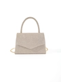 Detail of champagne gold sequined evening bag with metallic handle and chain strap - V-Shape Flap / Champagne
