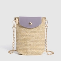 Straw vertical phone bag with purple leather flap and gold chain strap for summer - Cream-Purple