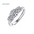 Anillo ajustable de plata esterlina 925 con tres piedras de moissanita redondas de plata - Anillo de moissanita