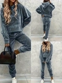 Three-way view of women's blue velvet tracksuit set featuring a drawstring hoodie and joggers - S / Gray
