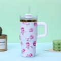 30oz stainless steel insulated tumbler with pink rose floral pattern and handle - 14oz / White - Floral Pattern 4