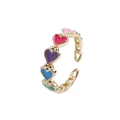 Fashionable adjustable gold open ring featuring five colorful heart rhinestones on white base - Adjustable Open / Multicolor (1CR0444YH)