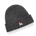 Detail of dark grey knit beanie showing LUCKY puppy embroidery and thick wool texture - Hat / Dark Grey Hat