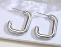 Polished silver rectangular hoop earrings with geometric design and mirror finish for women - Silver Style K7-114