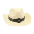 Chapeau de cow-boy en paille beige tissé main avec perles turquoise et rivets - crème