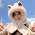 Plush beige cat ear hooded scarf with soft faux rabbit fur for women winter warmth - Beige - [Fox Cat Ears]