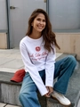 Λευκό vintage βαμβακερό μακρυμάνικο T-shirt με κόκκινα γράμματα και λογότυπο αλόγου - S / Λευκό