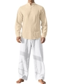 Ensemble d'été pour hommes en lin avec chemise Henley beige et pantalon blanc décontracté - S / Kaki + Blanc