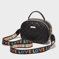 Black quilted crossbody bag with stylish rainbow LOVE strap and gold metal hardware - Black