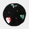 Close-up of black wool beret featuring Santa Claus, Christmas tree and candy cane details - Basic Christmas Elements Style (BLM250-1) / Black