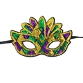 Purple green and gold sequin Mardi Gras party mask with black ribbons on white background - Mardi Gras Sequin Mask C-Geometric Patchwork