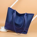 Large dark blue Oxford tote bag with contrast leather trim for daily commute - Blue