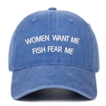 Detail of embroidered Women Want Me Fish Fear Me slogan on navy blue washed denim cap - One Size(Adjustable) / Light Blue