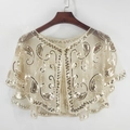 Beige sequin mesh shawl with paisley embroidery for evening gowns and party wear - Apricot