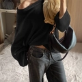 Maglione in maglia nera a spalle scoperte con maniche lunghe da donna per un look autunnale - S / Nero