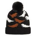 Detail van warme gebreide baby wintermuts met dinosauruspatroon en zwarte pompon - Zwart