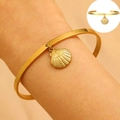Minimalist gold open cuff bracelet featuring a textured scallop shell pendant for women - Shell Pendant Open (5161)