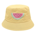 Detail of kids reversible bucket hat with bright yellow canvas and cartoon watermelon print - Watermelon Print / Beige