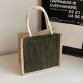 Compact linen handbag with green corduroy detail and white rope handles - Green Zipper Style