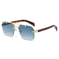 Fashionable square rimless metal sunglasses with blue gradient lenses and gold bridge - Gold Frame Gradient Blue Lens Tortoiseshell Temple