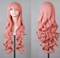 Front and back view of 80cm long wavy pink cosplay wig showing texture and natural curls - Pink