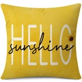 Yellow linen sunflower pillow cover featuring Hello Sunshine printed text on white background - 45x45cm Pillow Cover / Yellow Hello Sunshine Text-4 (24ym1108-4)