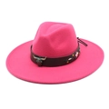 Close-up of hot pink wool felt fedora with bull head metal emblem and floral embroidery - M (56-58cm) / Rose Red