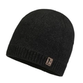 Black ribbed knit beanie for winter with a brown leather logo patch on a white background - Dark Gray