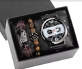 Men's fashion SOKI quartz watch with black leather strap and beaded crown bracelets - Black Strap Black Dial