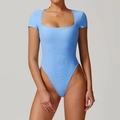 Sky blue short sleeve yoga bodysuit with square neck lace and ribbed texture - XL / Sky Blue