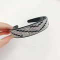 Handheld wide black headband embellished with silver rhinestones and square beads - Black Crystal AB