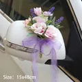 Hochzeitsauto-Spiegeldeko mit rosa Rosen, lila Lavendel und Schleifenband, 15x48cm - Taro-Lila