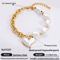 Bracelet coeur en acier inoxydable doré 18K avec perles et fermoir à bascule - Perle Irrégulière Cœur Chaîne Grosse (SL41221)