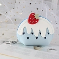 Cute light blue strawberry cake coin purse with heart cutouts and metal keychain - Blue