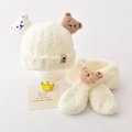 Winter-Set aus Plüschbär-Mütze und Schal für Kinder in warmem Cremeweiß-Fleece - Mütze & Schal Set / Weiß