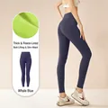Winter thermal high-waisted yoga pants in deep whale blue with thick fleece lining - S / Bottoms / Whale Blue