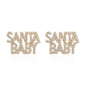 Detail of golden SANTA BABY letter earrings with white rhinestones on white backdrop - Gold Zircon Santa Baby Letters / 1 Pair