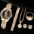 Luxury gold quartz watch and iced-out jewelry set with necklace bracelet ring and earrings - Leopard Dial 5-Piece Set / Gold