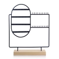Black metal jewelry stand with wooden base and mesh grid for earring storage - Black