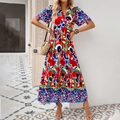 Robe longue femme à col en V avec imprimé floral coloré et manches courtes d'été - Bleu marine