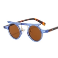 Retro steampunk round sunglasses with transparent blue frame and tawny lenses - Blue Frame Tea Lens