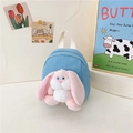 Sky blue mini canvas backpack for kids featuring a cute pink plush bunny pendant - Blue