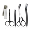 5-piece stainless steel eyebrow grooming set with scissors, tweezers and razor in black - 65141-1 Black Long Handle 5-Piece Set With Blades
