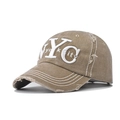 Detailed side view of washed khaki NYC baseball cap with vintage distressed edges - Adjustable / NYC Khaki