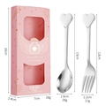 Stainless steel heart spoon and fork set in pink hollow gift box with gold leaf detail - Spoon Fork Set - Pink Box / Silver