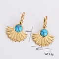 Golden fan-shaped stainless steel earrings with turquoise stones and dimensions - Turquoise Inlaid Fan Radial Earrings (AMLEH025)