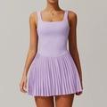 Lavender tennis dress with square neck and pleated skirt featuring functional pockets - Lavender