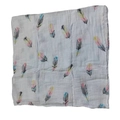 Lange de bébé en mousseline blanche avec motifs plumes colorées en coton doux - Plumes colorées